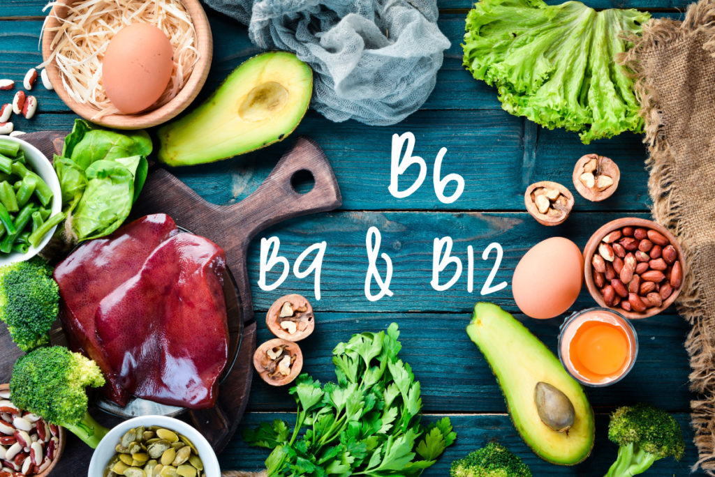 Vitamin B6, B9, and B12 rich foods.