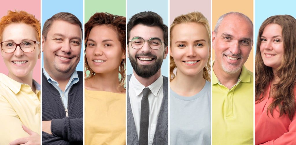 Collage of happy people faces. Men and women of different nation and age smiling at camera being self confident.